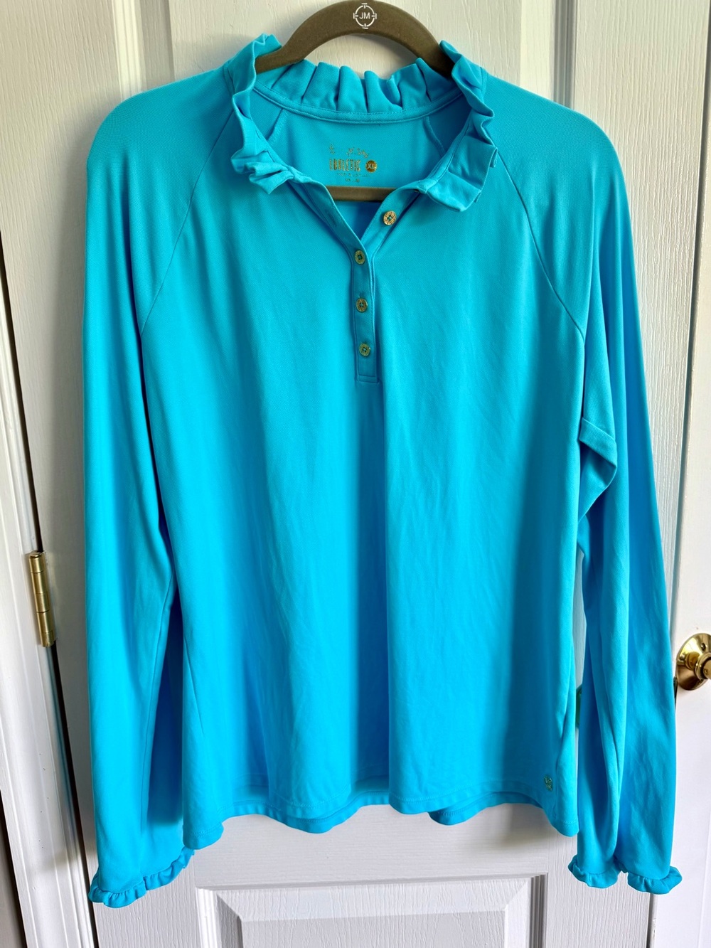 Lilly Pulitzer Luxletic Long-Sleeve Ruffle Polo Shirt - Turquoise, XL